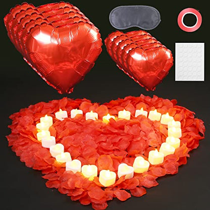 Romantic Candlelight Kit for Lovers, 2000 Rose Petals, 24/48 Warm White Heart LED Candles,5 Aluminium Foil Balloons, 10 Latex Balloons etc.