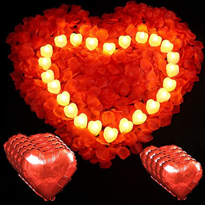 Romantic Candlelight Kit for Lovers, 2000 Rose Petals, 24/48 Warm White Heart LED Candles,5 Aluminium Foil Balloons, 10 Latex Balloons etc.