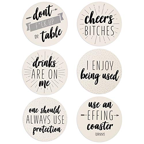 LotFancy Funny Coasters for Drinks Absorbent with Holder, 6PCS Ceramic Coasters with Cork Base