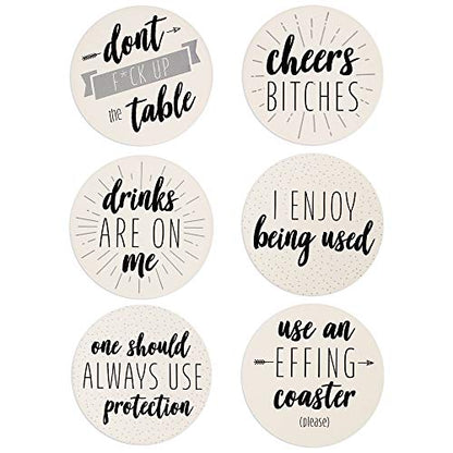 LotFancy Funny Coasters for Drinks Absorbent with Holder, 6PCS Ceramic Coasters with Cork Base
