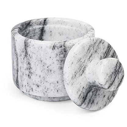 LotFancy Marble Salt Cellar with Lid, 4 FL OZ Natural Salt Box, Storage Container for Pantry, Salt and Pepper Bowls, Salt Holder for Counter, 4.8” x 4.4”
