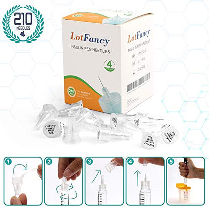 LotFancy Insulin Pen Needles, Pack of 210, 4mm x 32G (5/32”), Diabetic Pen Needles for Insulin Injections