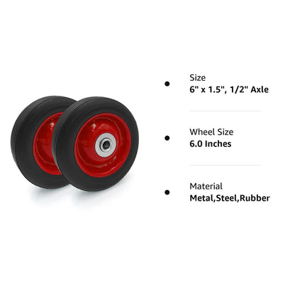 LotFancy 2 Pack 6” x 1.5” Flat Free Hand Truck Wheels, 6 inch Solid Wheels for Dolly Lawnmower, 1/2 in Bore Hole, Max 132 lbs Load Capacity