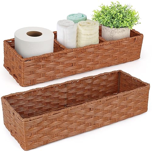 LotFancy Toilet Paper Storage Basket, 2 Pack Woven Toilet Tank Topper Basket, Back of Toilet Storage Basket, Rustic Farmhouse Bathroom Décor, Grey