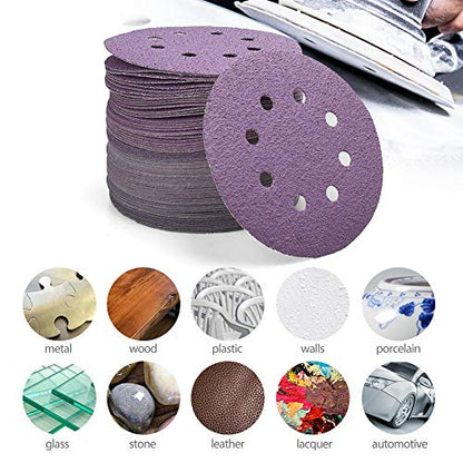 LotFancy Sanding Discs 5 Inch 8 Hole, 100PCS 40 60 80 120 180 220 240 320 400 800 Grit Assorted Professional Sandpaper, Hook and Loop Random Orbital Sander Round Sand Paper