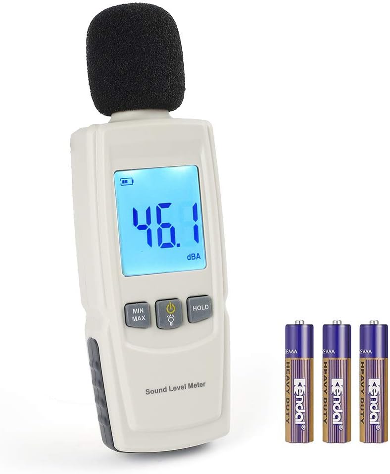 LotFancy Decibel Meter Sound Level Reader, DB SPL Meter Noise Detector, Range 30dba - 130dba with Max/Min Data Hold Function, Large Backlit LCD Display, Self-Calibrated Batteries Included