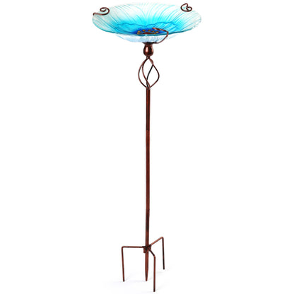 LotFancy Glass Bird Bath, 35” Height Birdbaths for Outdoor Garden Clearance, with Metal Stake, Blue Flower