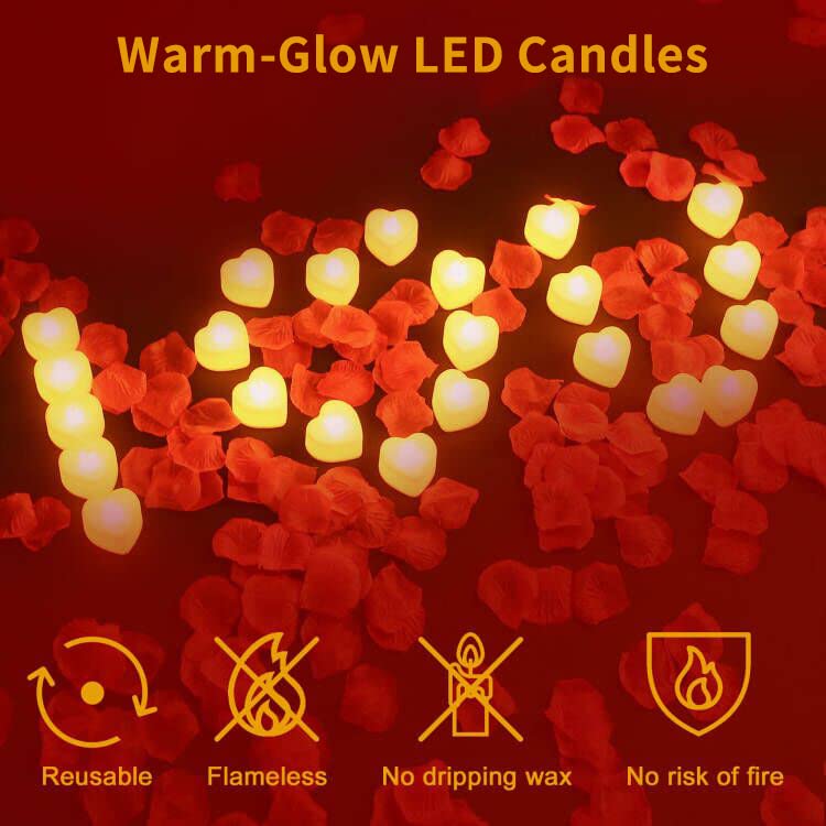 Romantic Candlelight Kit for Lovers, 2000 Rose Petals, 24/48 Warm White Heart LED Candles,5 Aluminium Foil Balloons, 10 Latex Balloons etc.