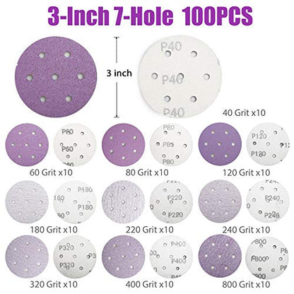 LotFancy 3 Inch 7 Hole Sanding Discs, 100PCS 40 60 80 120 180 220 240 320 400 800 Grit Assorted Professional Sandpaper, Hook and Loop Random Orbital Sander Round Sand Paper