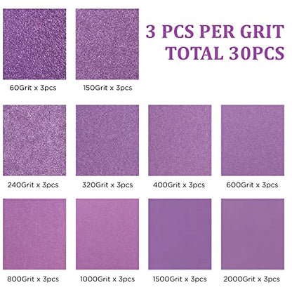 LotFancy 60 to 2000 Grit Sandpaper Assortment, 30PCS 9 x 3.6” White Fused Alumina Wet Dry Sanding Sheets, for Automotive Metal Sanding Polishing, Wood Finishing, Purple