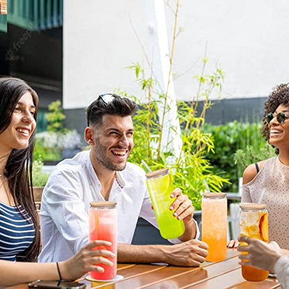 LotFancy Drinking Glasses with Bamboo Lids and Glass Straw, Beer Can Shaped Glass Cups, Beer Glasses, Iced Coffee Glasses for Cocktail, Whiskey, Boba Tea, Juice, Soda