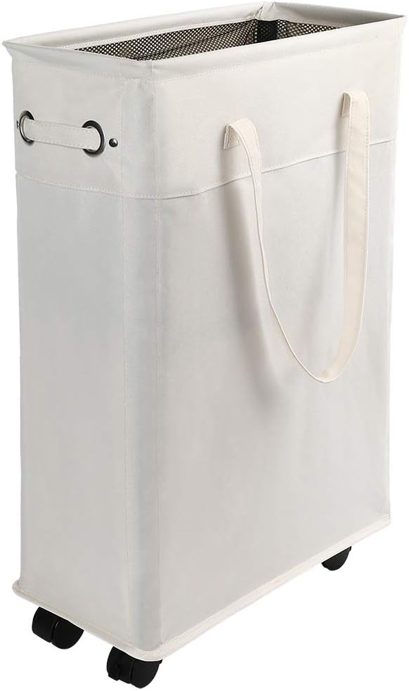 45L Slim Laundry Hamper with Handles on Wheels, Collapsible Rolling Clothes Laundry Basket, 15.4 (L) x7.5 (W) x22(H) inch, 600D Oxford Fabric,waterproof, MDF Bottom Board