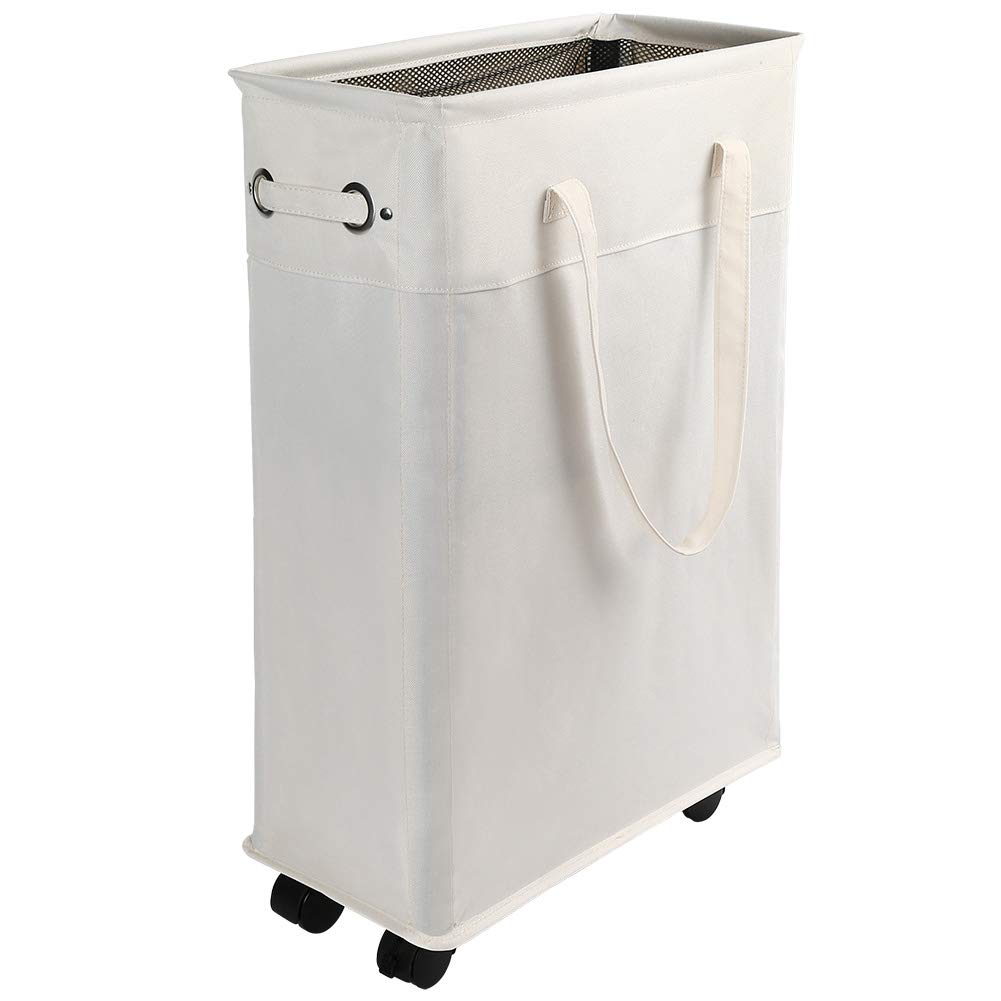 45L Slim Laundry Hamper with Handles on Wheels, Collapsible Rolling Clothes Laundry Basket, 15.4 (L) x7.5 (W) x22(H) inch, 600D Oxford Fabric,waterproof, MDF Bottom Board