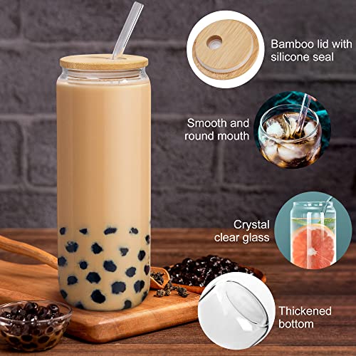 LotFancy Drinking Glasses with Bamboo Lids and Glass Straw, Beer Can Shaped Glass Cups, Beer Glasses, Iced Coffee Glasses for Cocktail, Whiskey, Boba Tea, Juice, Soda