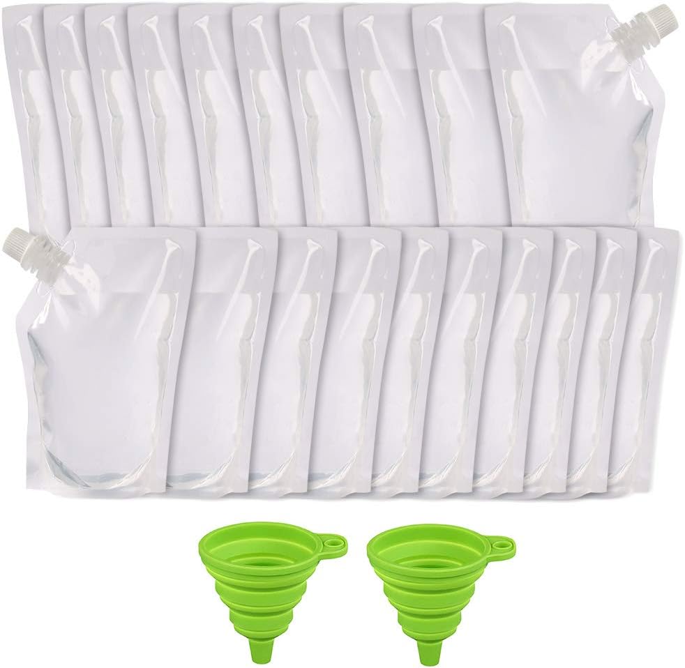 Plastic Liquor Flask Kit 2 Collapsible Silicone Funnels, Concealable And Reusable Runner Alcohol Juice Plastic Liquor Bags