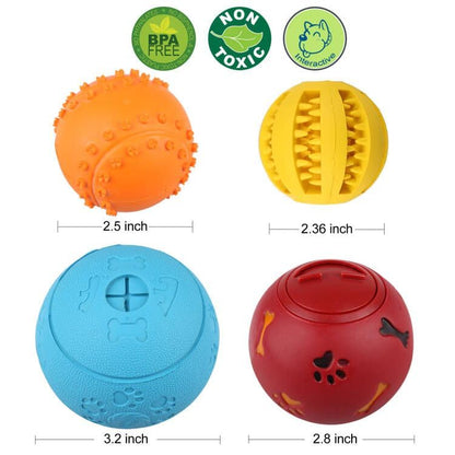 Prime Pets 4 Pack IQ Treat Ball, Fun Interactive Food Dispensing Dog Toys, Non-Toxic Natural Rubber Dog Puzzle Chew Toys, for Tooth Cleaning, Chewing, Playing