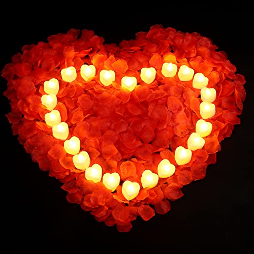 Romantic Candlelight Kit for Lovers, 2000 Rose Petals, 24/48 Warm White Heart LED Candles,5 Aluminium Foil Balloons, 10 Latex Balloons etc.