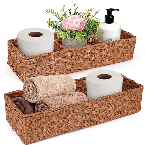 LotFancy Toilet Paper Storage Basket, 2 Pack Woven Toilet Tank Topper Basket, Back of Toilet Storage Basket, Rustic Farmhouse Bathroom Décor, Grey