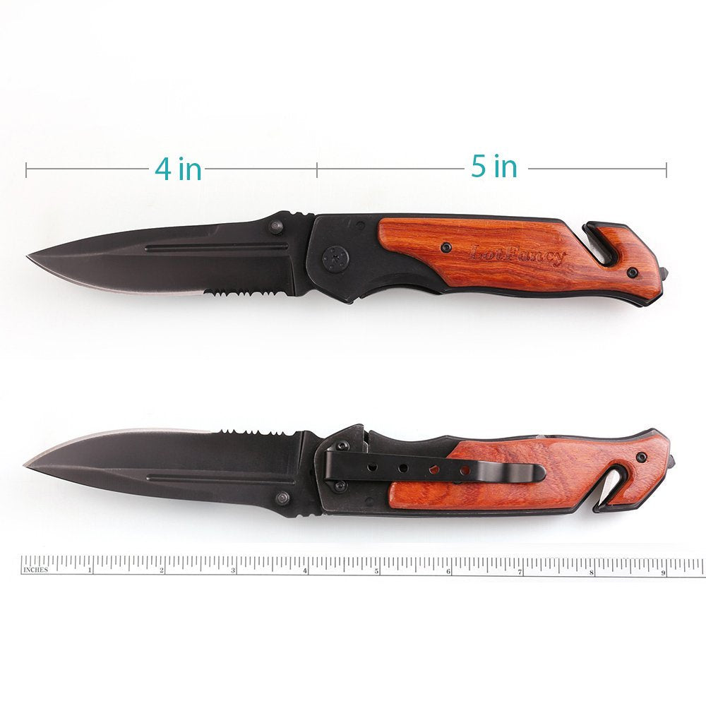 LotFancy Tactical Folding Pocket Knife with Clip Outdoor Portable Survival Knife for Rescue Hunting, Partially Serrated Blade, 5 Inch Closed