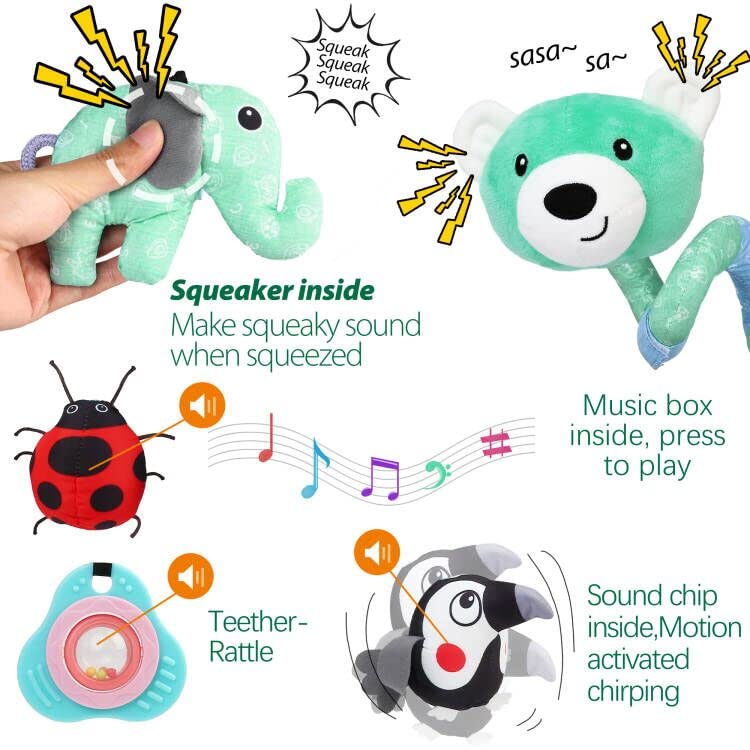 LotFancy Baby Car Seat Toys, Infant Hanging Stroller Toys for Carseat Crib Bar Bassinet, Newborn Activity Spiral Plush Toys with Music BB Squeaker Rattles for 0 3 6 9 12 Months