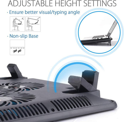 LotFancy Laptop Fan Cooling Pad, Notebook Cooler for 13”-17” Laptop, Lap Chill Mat with 3 LED Quiet Fans, 2 USB Ports, Adjustable Stand, Portable & Quiet for Gaming, Working