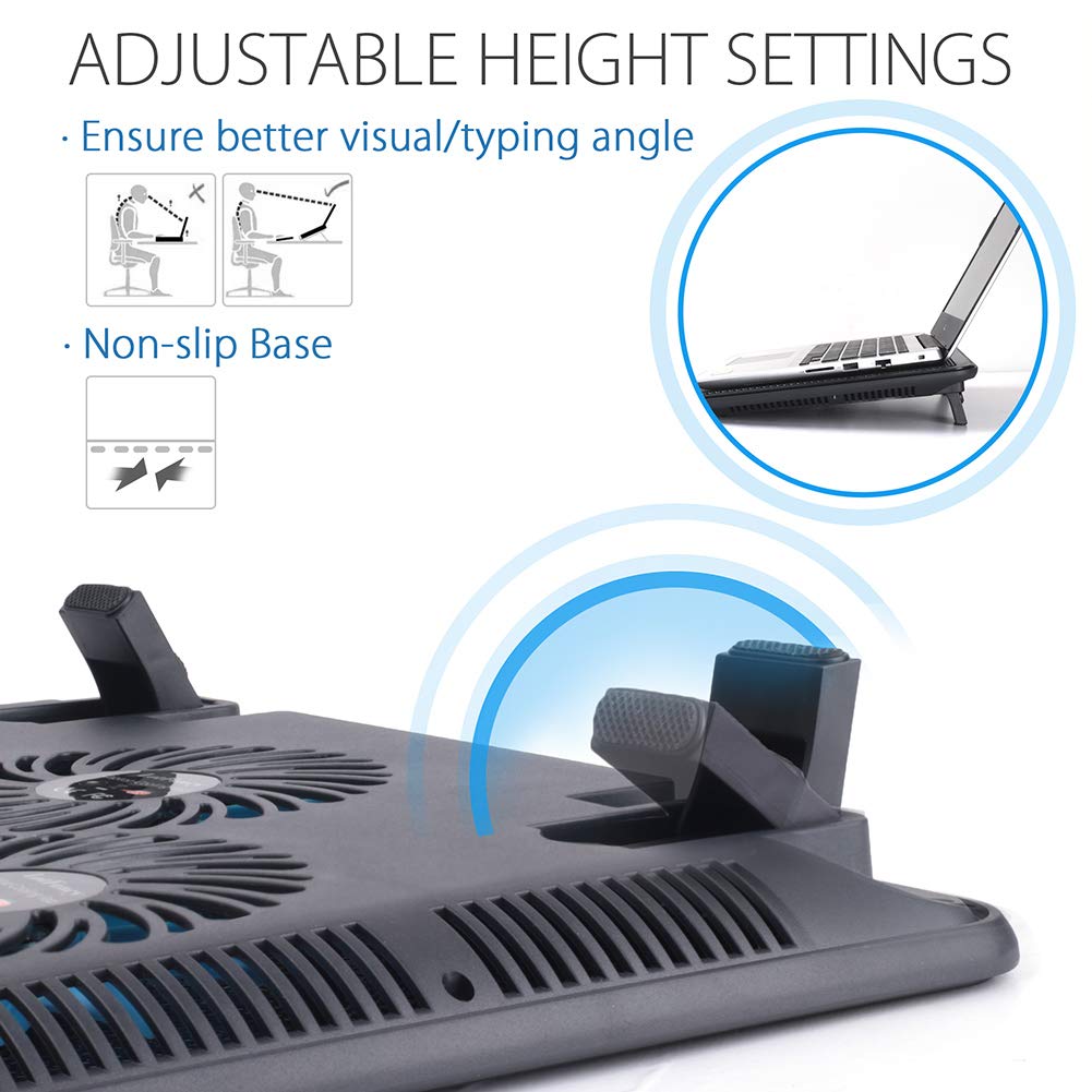 LotFancy Laptop Fan Cooling Pad, Notebook Cooler for 13”-17” Laptop, Lap Chill Mat with 3 LED Quiet Fans, 2 USB Ports, Adjustable Stand, Portable & Quiet for Gaming, Working