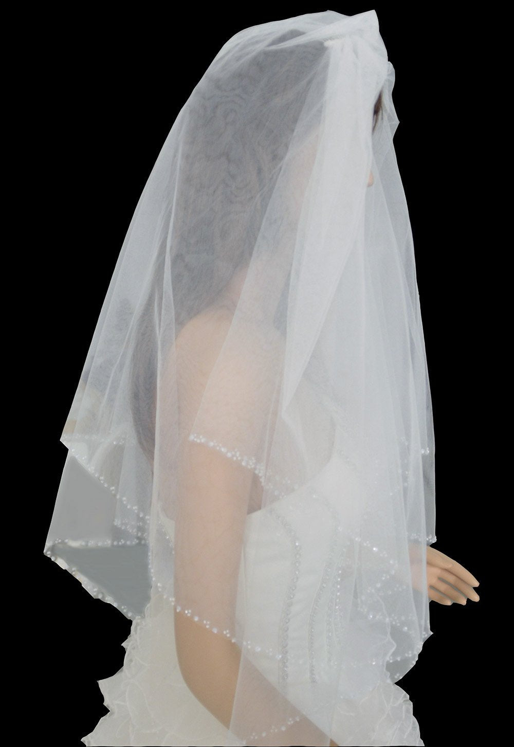 LotFancy 2T 2 Tier Silver Lined Beaded Edge Bridal Wedding Veil, Cut Edge with Hand Sewn Beading (Bugle Beads, Seed Beads and Sequins)