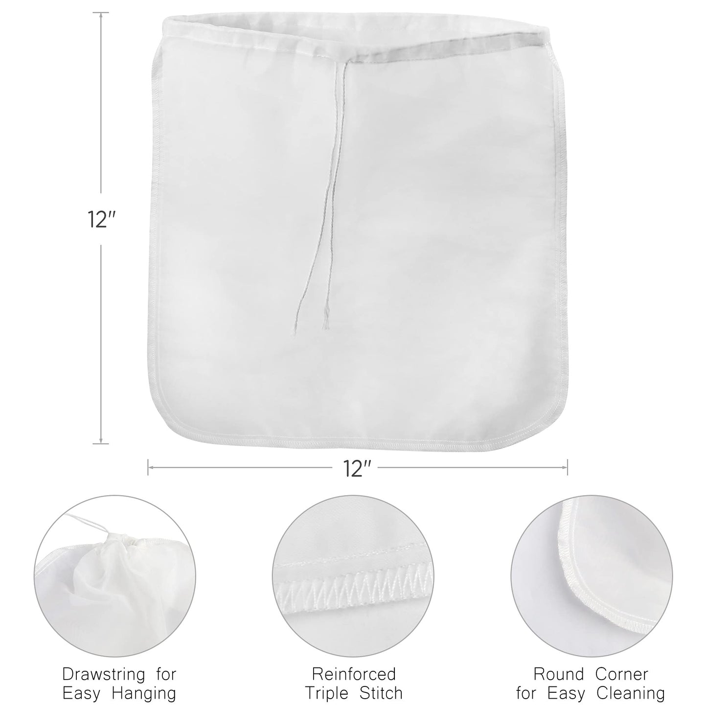 LotFancy Nut Milk Bags, 2 Pack, 100 Micron, 12” x 12” Reusable Mesh Strainer Bag, Food Grade, BPA-Free Fine Nylon Mesh Filter for Almond Milk, Yogurt, Juices, Cold Brew Coffee