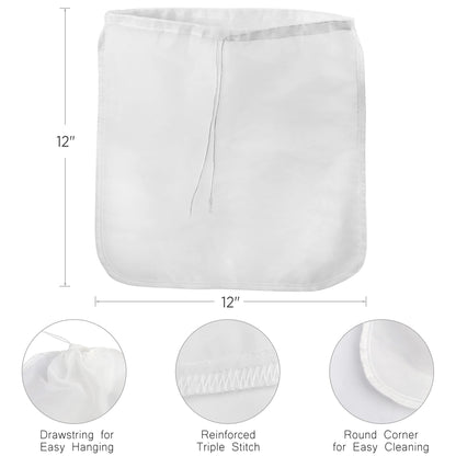 LotFancy Nut Milk Bags, 2 Pack, 100 Micron, 12” x 12” Reusable Mesh Strainer Bag, Food Grade, BPA-Free Fine Nylon Mesh Filter for Almond Milk, Yogurt, Juices, Cold Brew Coffee