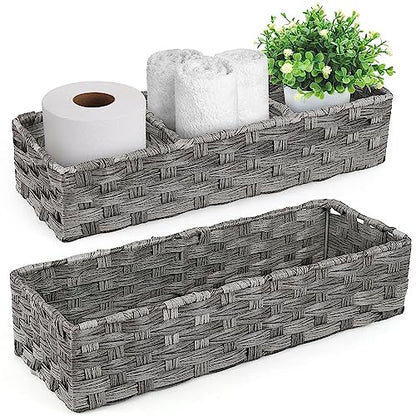 LotFancy Toilet Paper Storage Basket, 2 Pack Woven Toilet Tank Topper Basket, Back of Toilet Storage Basket, Rustic Farmhouse Bathroom Décor, Grey