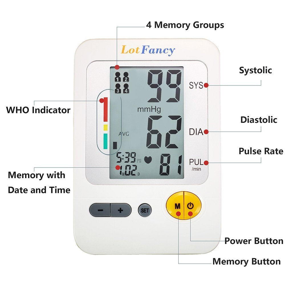 LotFancy Blood Pressure Monitor, Automatic Upper Arm BP Cuff 8.7-14.2” Machine Kit, Accurate Digital BP Gauge, Portable Home Heartbeat Meter, 4 User, 120 Readings Memory, Large LCD Display