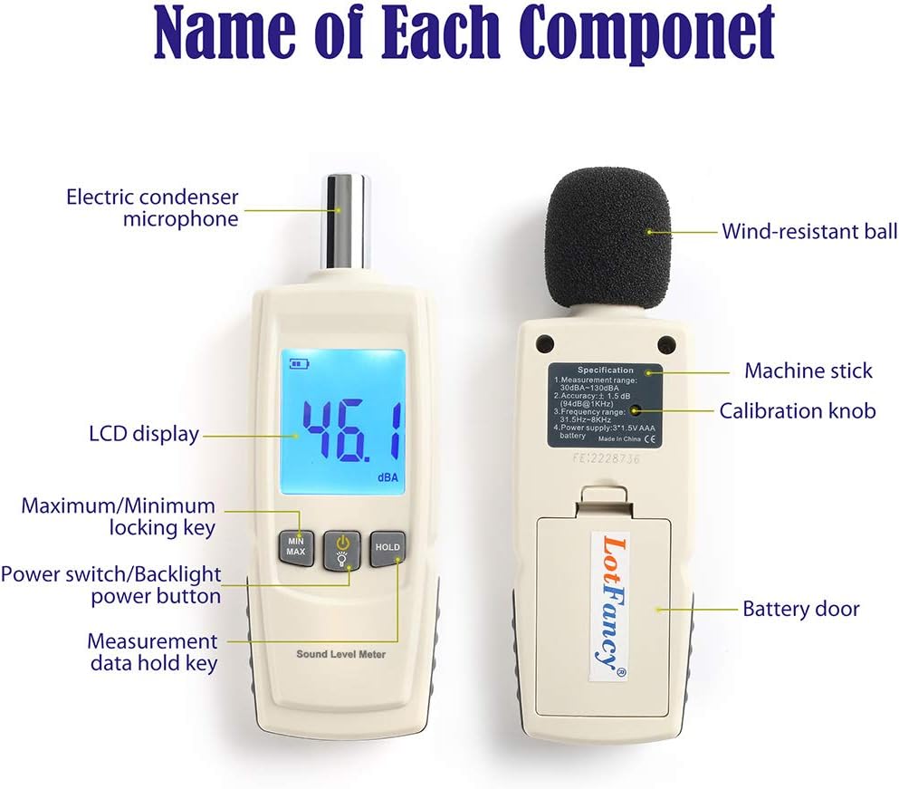 LotFancy Decibel Meter Sound Level Reader, DB SPL Meter Noise Detector, Range 30dba - 130dba with Max/Min Data Hold Function, Large Backlit LCD Display, Self-Calibrated Batteries Included
