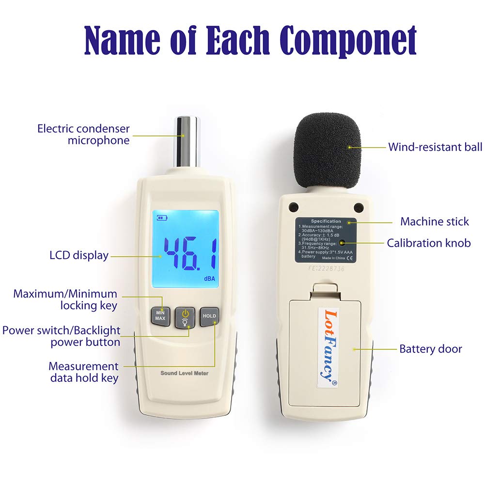 LotFancy Decibel Meter Sound Level Reader, DB SPL Meter Noise Detector, Range 30dba - 130dba with Max/Min Data Hold Function, Large Backlit LCD Display, Self-Calibrated Batteries Included