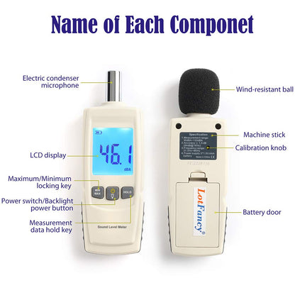 LotFancy Decibel Meter Sound Level Reader, DB SPL Meter Noise Detector, Range 30dba - 130dba with Max/Min Data Hold Function, Large Backlit LCD Display, Self-Calibrated Batteries Included