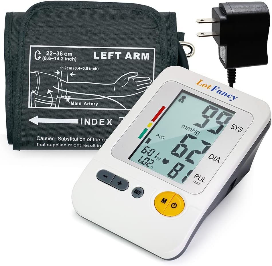 LotFancy Blood Pressure Monitor, Automatic Upper Arm BP Cuff 8.7-14.2” Machine Kit, Accurate Digital BP Gauge, Dual Power Home Heartbeat Meter, 4 User, 120 Readings Memory, Large LCD Display