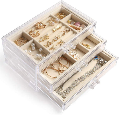 LotFancy Acrylic Jewelry Organizer with 3 Drawers, Velvet Jewelry Box for Women Girls, Clear Jewelry Storage Case for Earring Bangle Bracelet Necklace and Rings, Beige