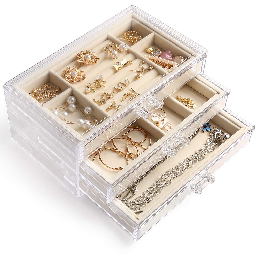 LotFancy Acrylic Jewelry Organizer with 3 Drawers, Velvet Jewelry Box for Women Girls, Clear Jewelry Storage Case for Earring Bangle Bracelet Necklace and Rings, Beige