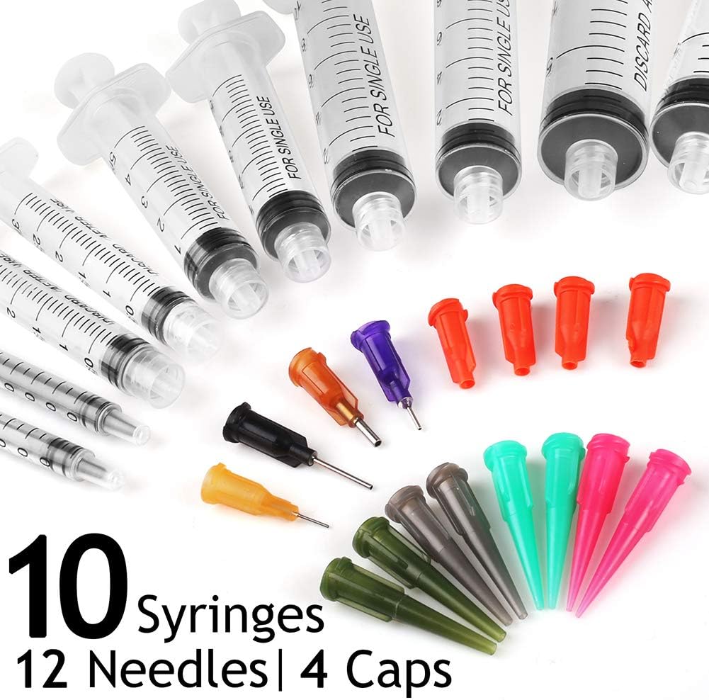 LotFancy 10 Pack Syringe Luer Lock with 14ga 18ga 20ga Blunt Tip Needle and Caps, 1ml 3ml 5ml 10ml 20ml Glue Applicator Syringe for Refilling & Measuring, Oil, E Juice, E Liquid, E Cig, Wood Glue