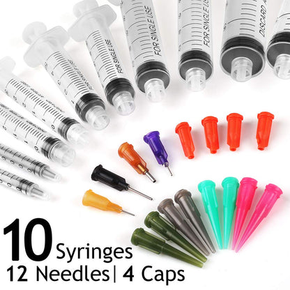 LotFancy 10 Pack Syringe Luer Lock with 14ga 18ga 20ga Blunt Tip Needle and Caps, 1ml 3ml 5ml 10ml 20ml Glue Applicator Syringe for Refilling & Measuring, Oil, E Juice, E Liquid, E Cig, Wood Glue