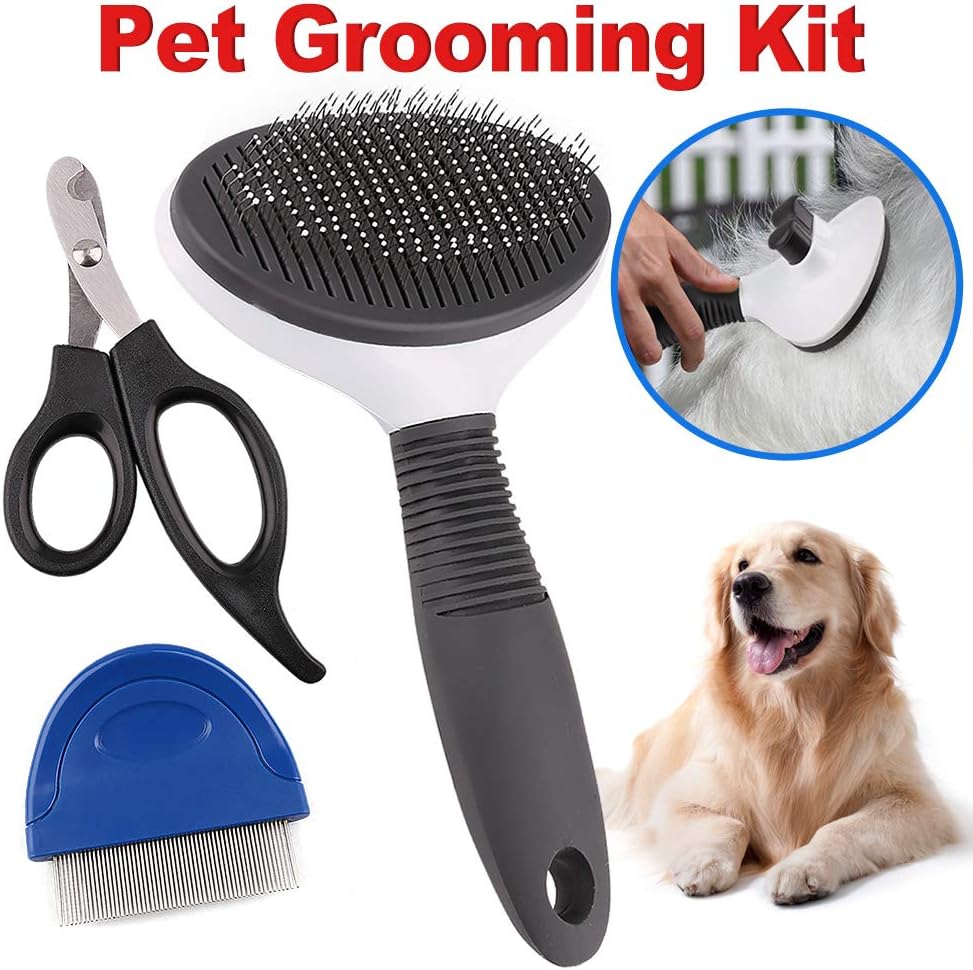 Prime Pets Self-Cleaning Slicker Brush + 2 Free Bonuses | Cat Flea Comb + Pet Nail Clippers |Pet Grooming Supplies Great for All Breeds & Hair Types