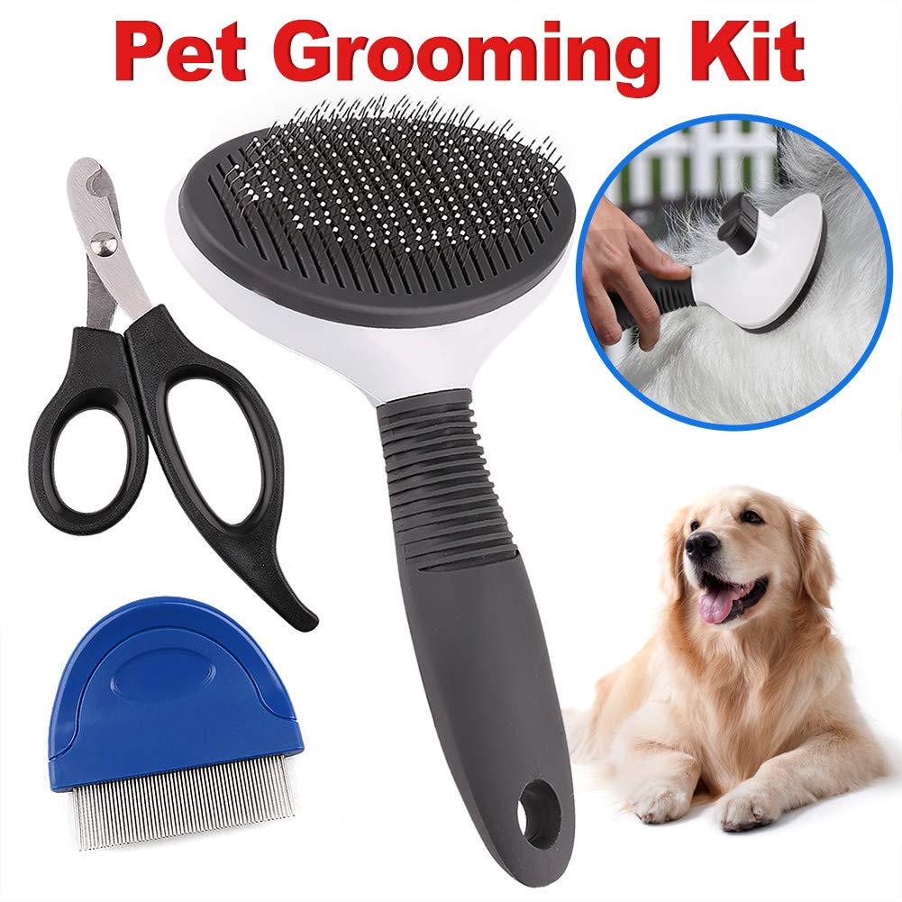 Prime Pets Self-Cleaning Slicker Brush + 2 Free Bonuses | Cat Flea Comb + Pet Nail Clippers |Pet Grooming Supplies Great for All Breeds & Hair Types