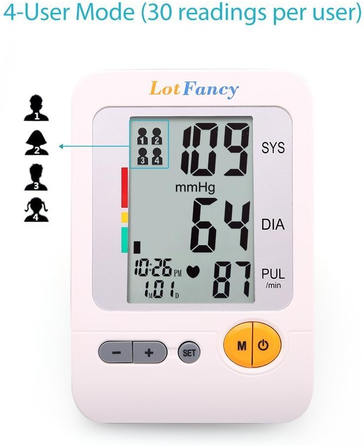 LotFancy Blood Pressure Monitor Upper Arm Large Cuff 11.8-16.5”, Accurate Digital BP Gauge Machine, Dual Power Home Heartbeat Meter, 4 User, 120 Readings Memory, Large LCD Display