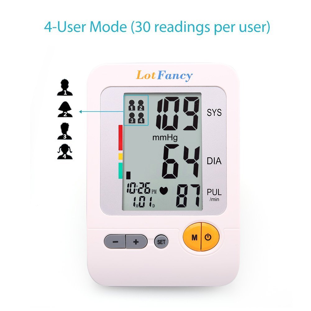 LotFancy Blood Pressure Monitor Upper Arm Large Cuff 11.8-16.5”, Accurate Digital BP Gauge Machine, Dual Power Home Heartbeat Meter, 4 User, 120 Readings Memory, Large LCD Display