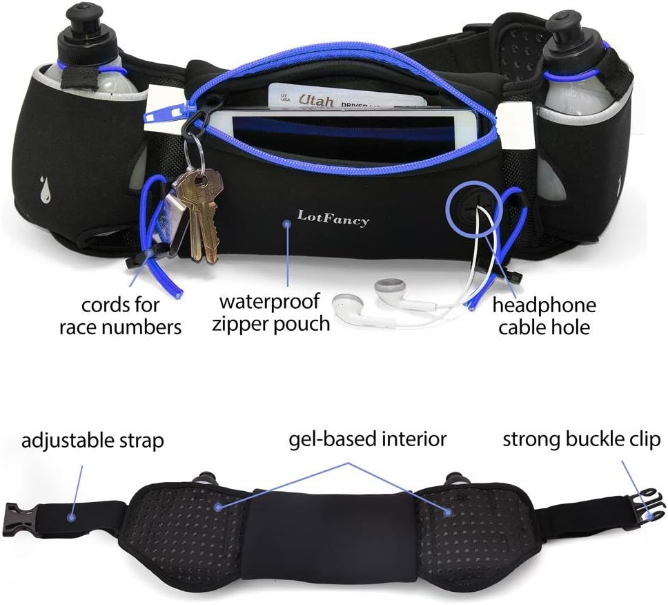 LotFancy Running Belt with Bottle Holder, Hydration Belt for Women Men, Fuel Marathon Waist Pouch for Runners, Reflective Fanny Pack for Any Phone Size