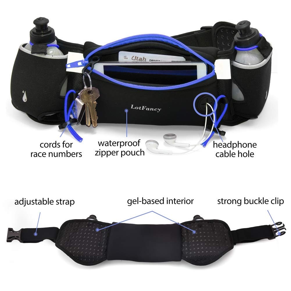 LotFancy Running Belt with Bottle Holder, Hydration Belt for Women Men, Fuel Marathon Waist Pouch for Runners, Reflective Fanny Pack for Any Phone Size