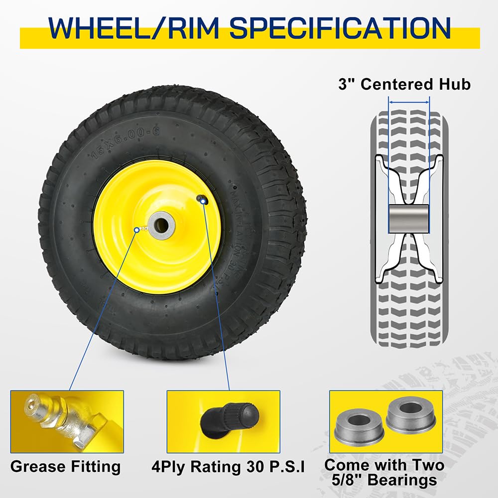 LotFancy 15x6.00-6 Lawn Mower Tires, 15x6-6 Front Tire Replacement for Craftsman/John Deere/Cub Cadet Riding Mowers, 4 Ply Pneumatic, 3" Centered hub, 3/4" Bushing