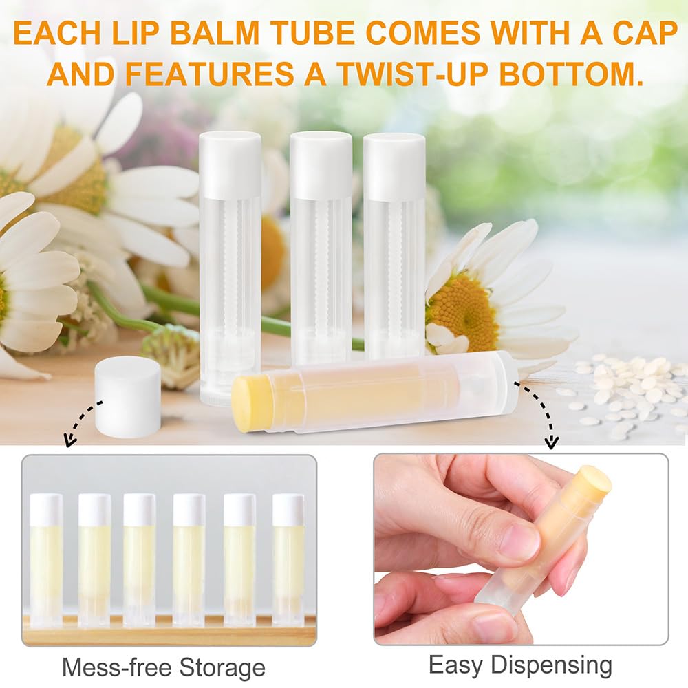 LotFancy 60 Lip Balm tubes Empty, 5.5ml (3/16 Oz) Lip Balm Container Tubes with White Caps, BPA Free & Leak Free, Refillable