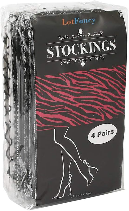 LotFancy 4 Pairs Women Suspender Pantyhose, Thigh High Garter Belt Fishnet Tights Stockings, Sexy Black Lace Tights