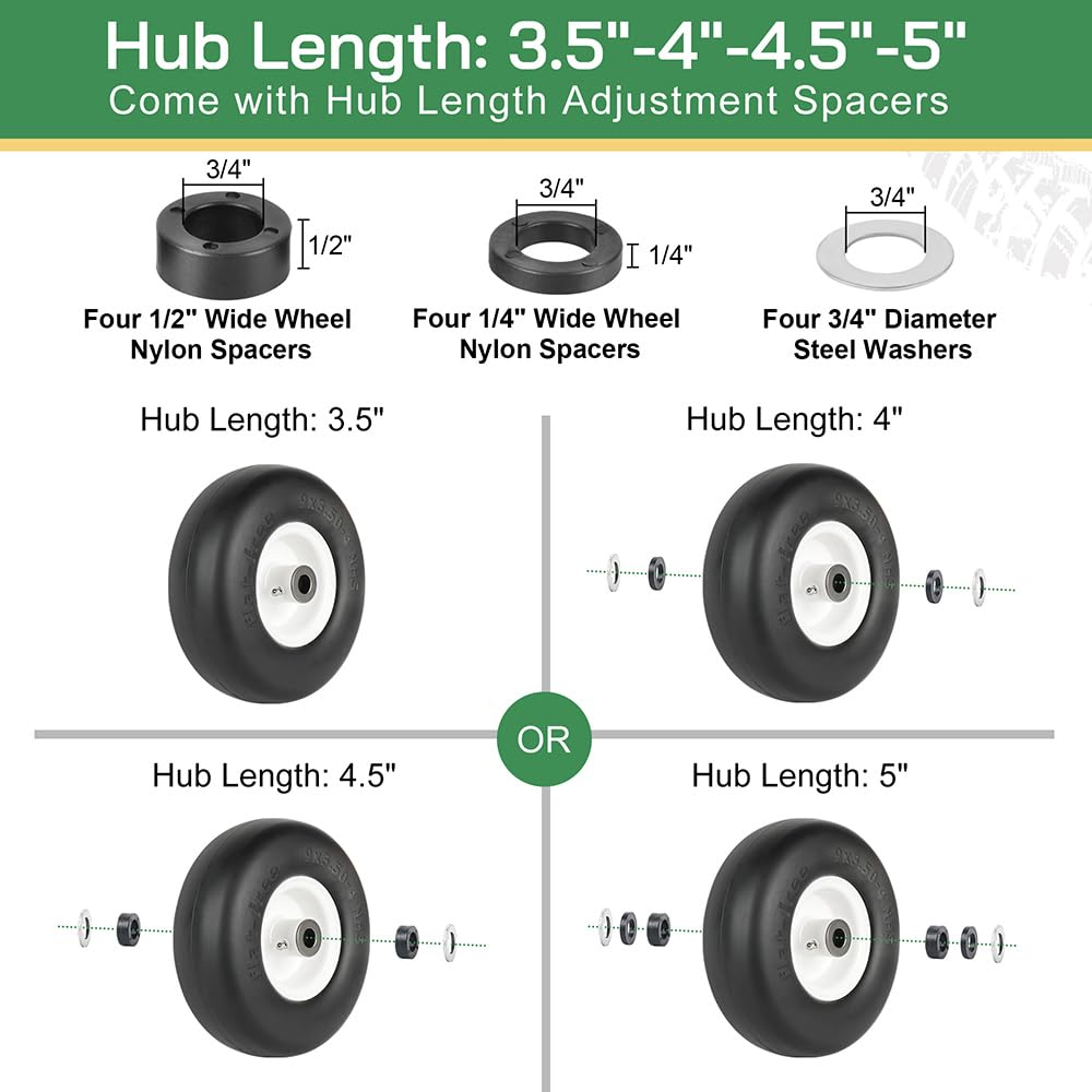 LotFancy 9x3.50-4” Flat Free Tire and Wheel, 2 PCS Lawn Mower Tire, 3/4" or 5/8" Bushings, 3.5"-4"-4.5"-5" Centered Hub, Smooth Tread Tire for Zero Turn Mowers