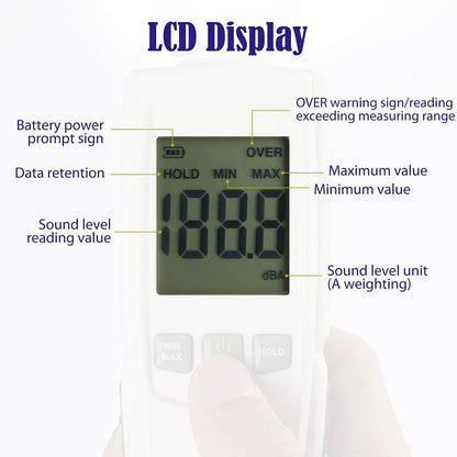 LotFancy Decibel Meter Sound Level Reader, DB SPL Meter Noise Detector, Range 30dba - 130dba with Max/Min Data Hold Function, Large Backlit LCD Display, Self-Calibrated Batteries Included